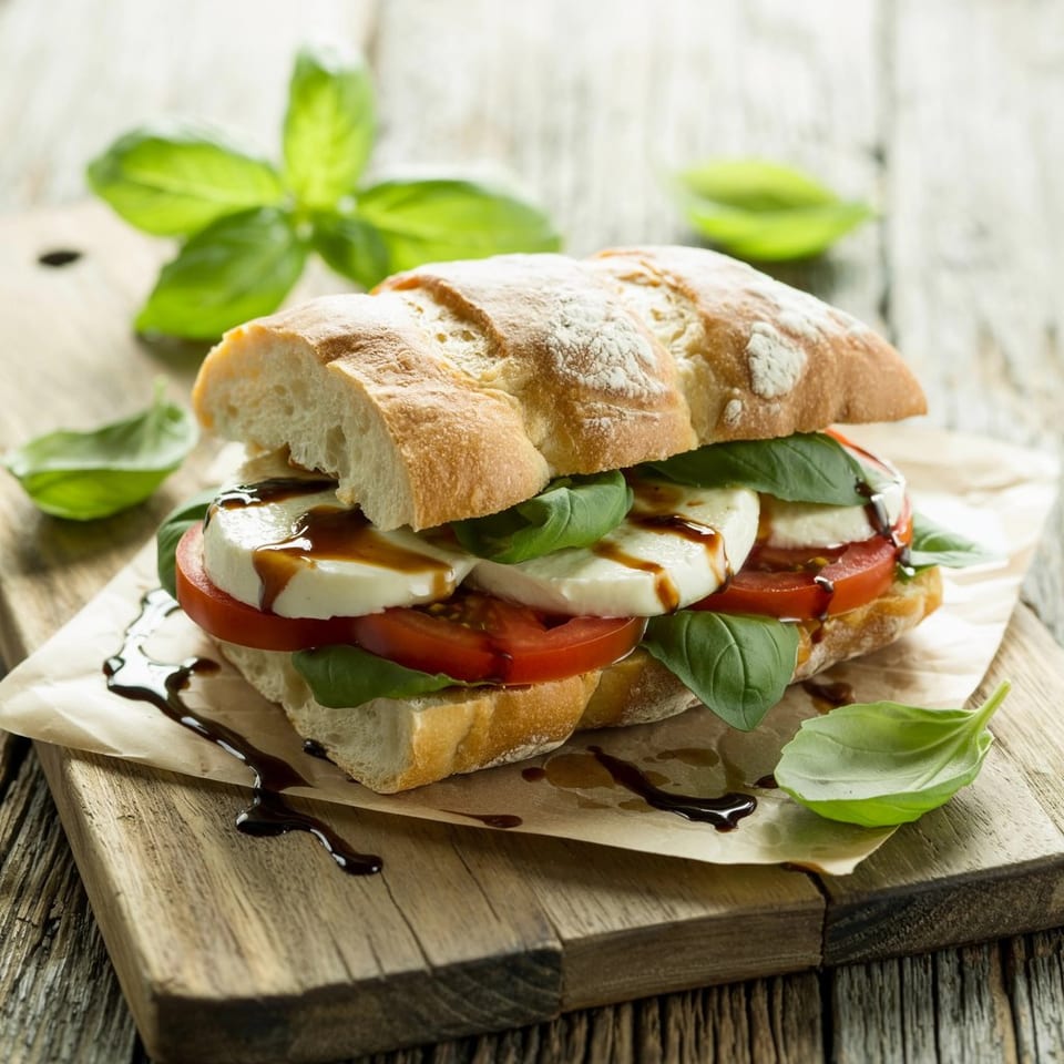 Caprese sandwich with fresh mozzarella, tomatoes, basil, and balsamic glaze on ciabatta bread.