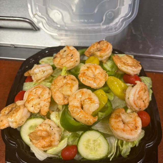 Shrimp Over Garden Salad.