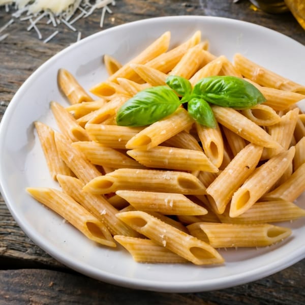Penne pasta with a creamy sauce, garnished with fresh basil and grated cheese on a white plate.